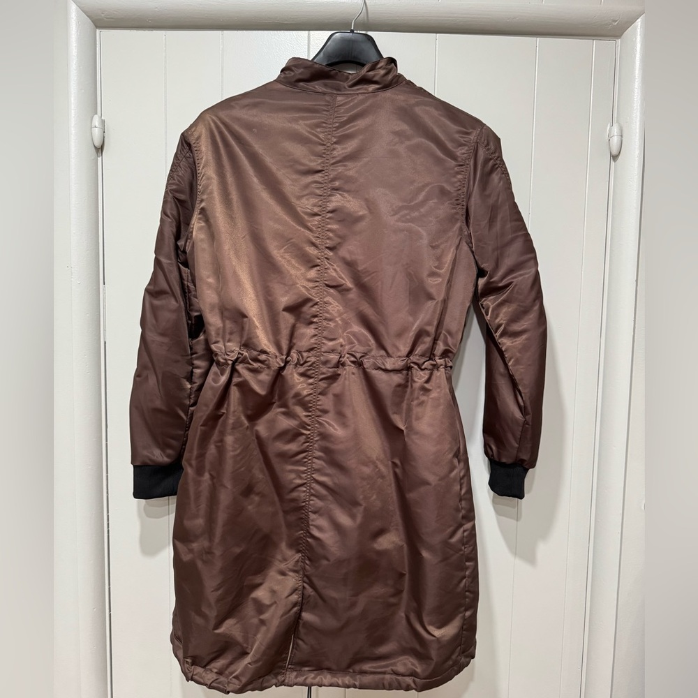 Women’s Brown Bomber Jacket Cinched Waist MA-1 Style Orange Lining Size L - Picture 3 of 6